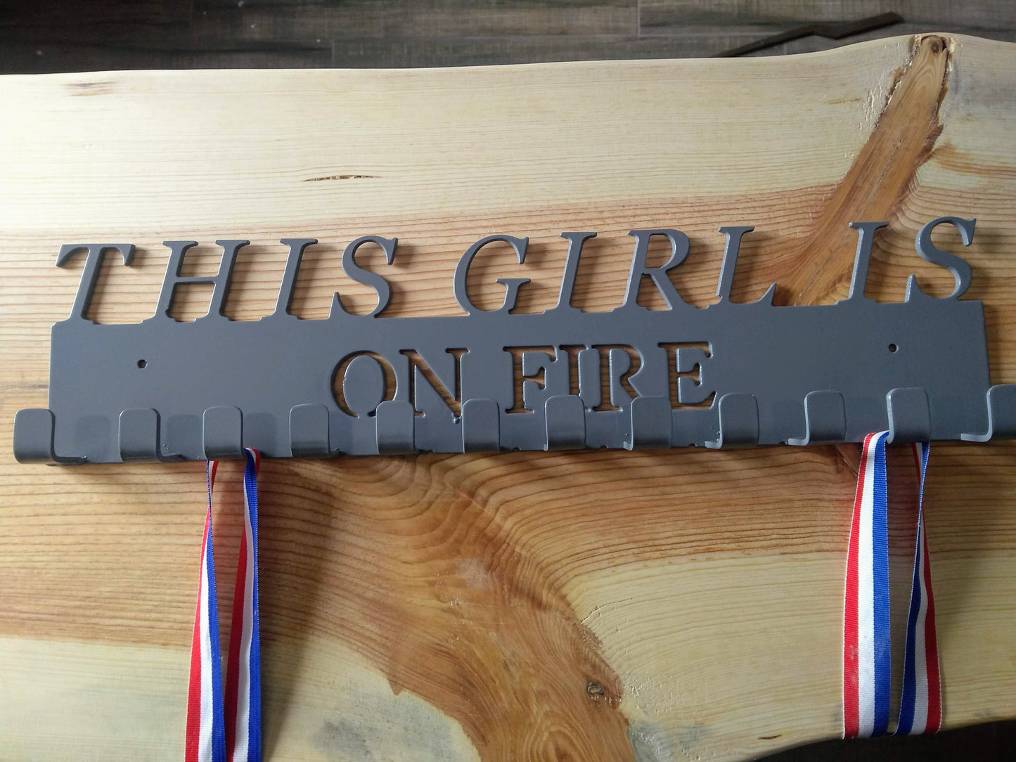 Sports Medal Holder | This Girl is on Fire | 12 Hooks | Made in USA | Free Shipping - Firebolt Custom