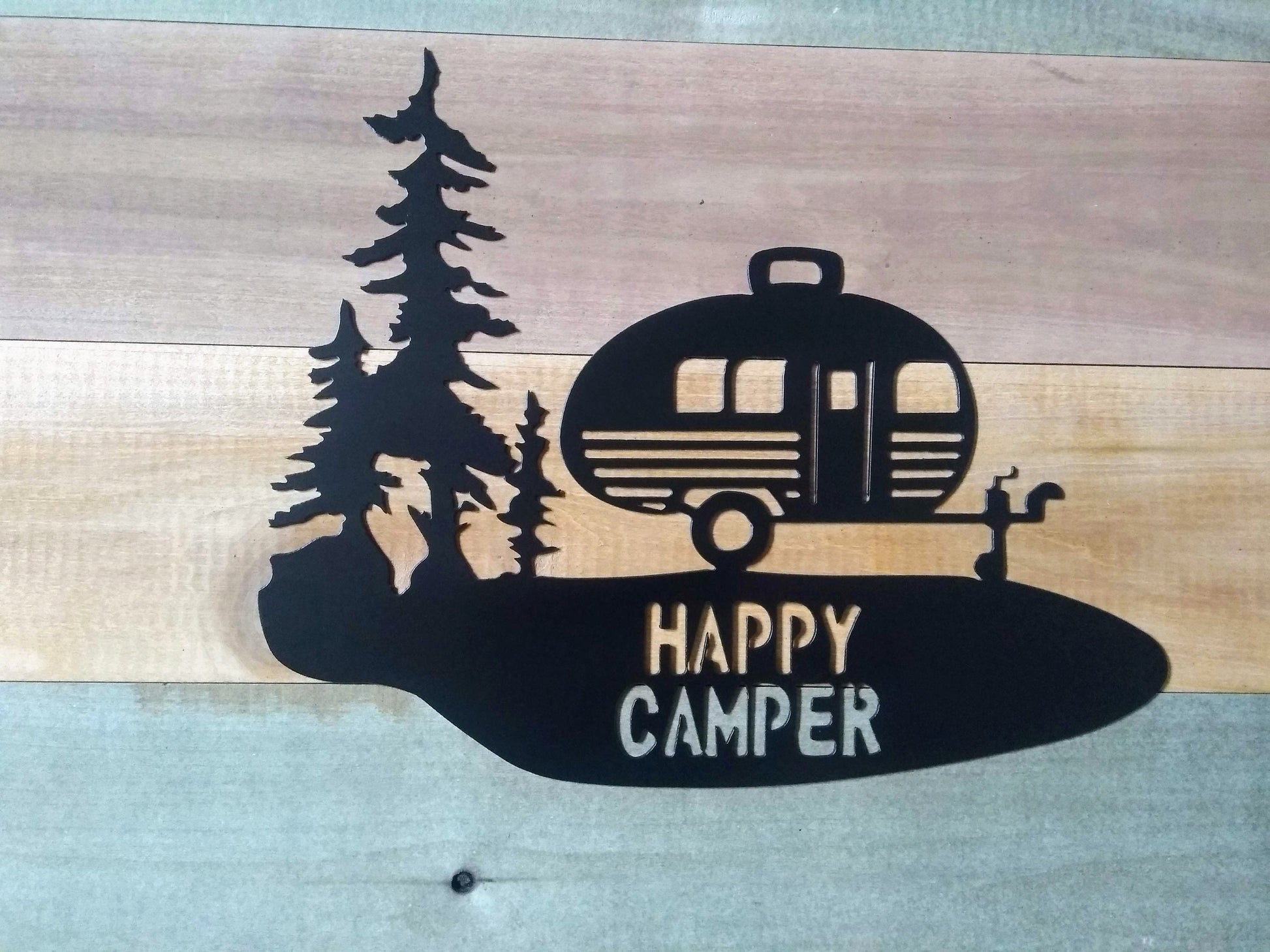 Happy Campers Sign | Metal | Single Panel | Trees | Made in USA | Free Shipping - Firebolt Custom