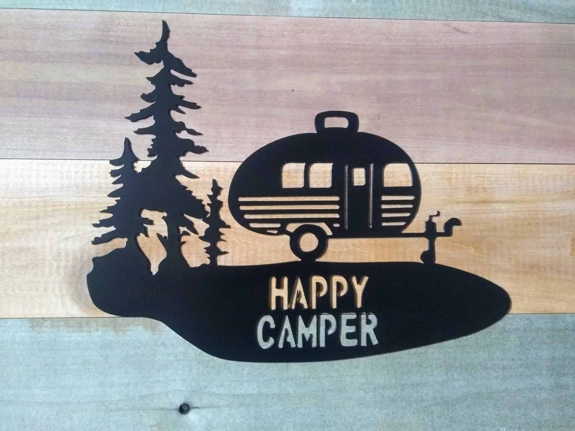 Happy Campers Sign | Metal | Single Panel | Trees | Made in USA | Free Shipping - Firebolt Custom