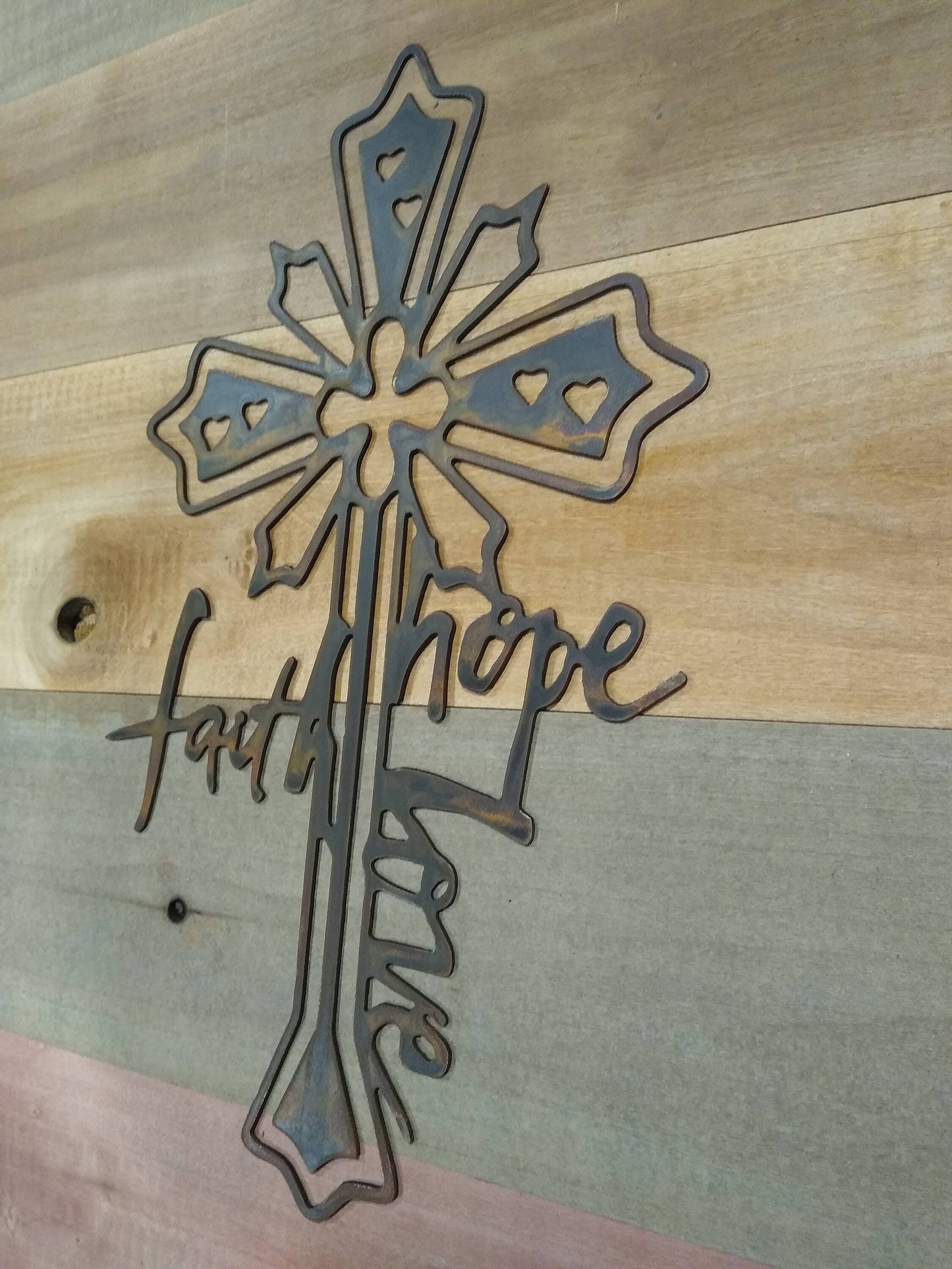 Faith Love Hope Metal Cross | Wall Hanging | Made in USA | Free Shipping - Firebolt Custom