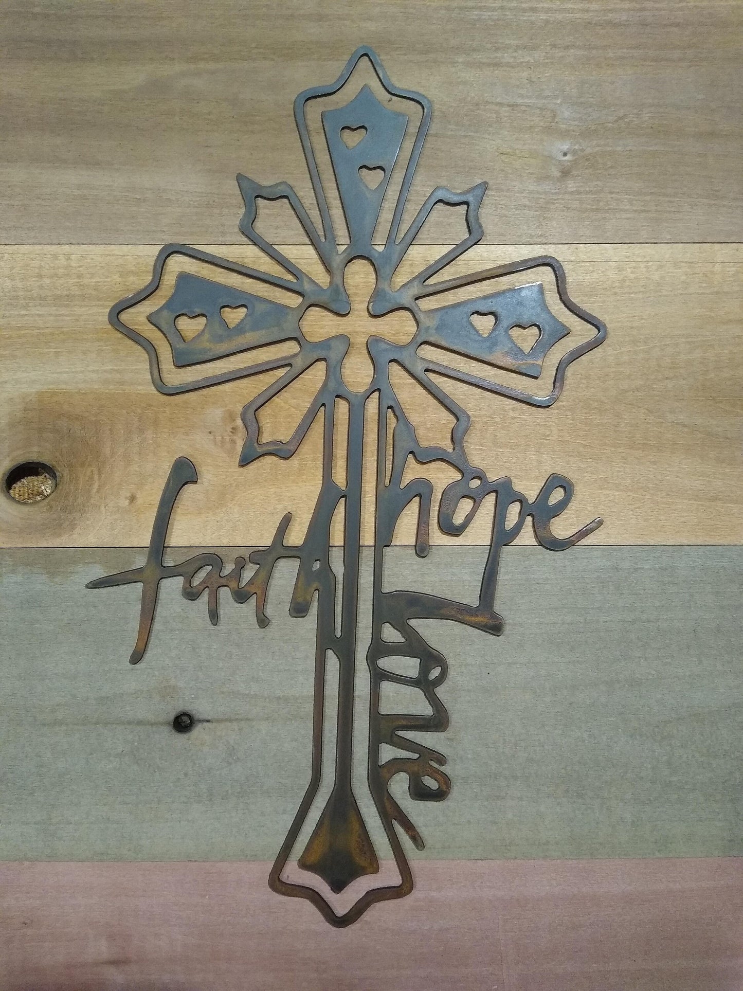 Faith Love Hope Metal Cross | Wall Hanging | Made in USA | Free Shipping - Firebolt Custom