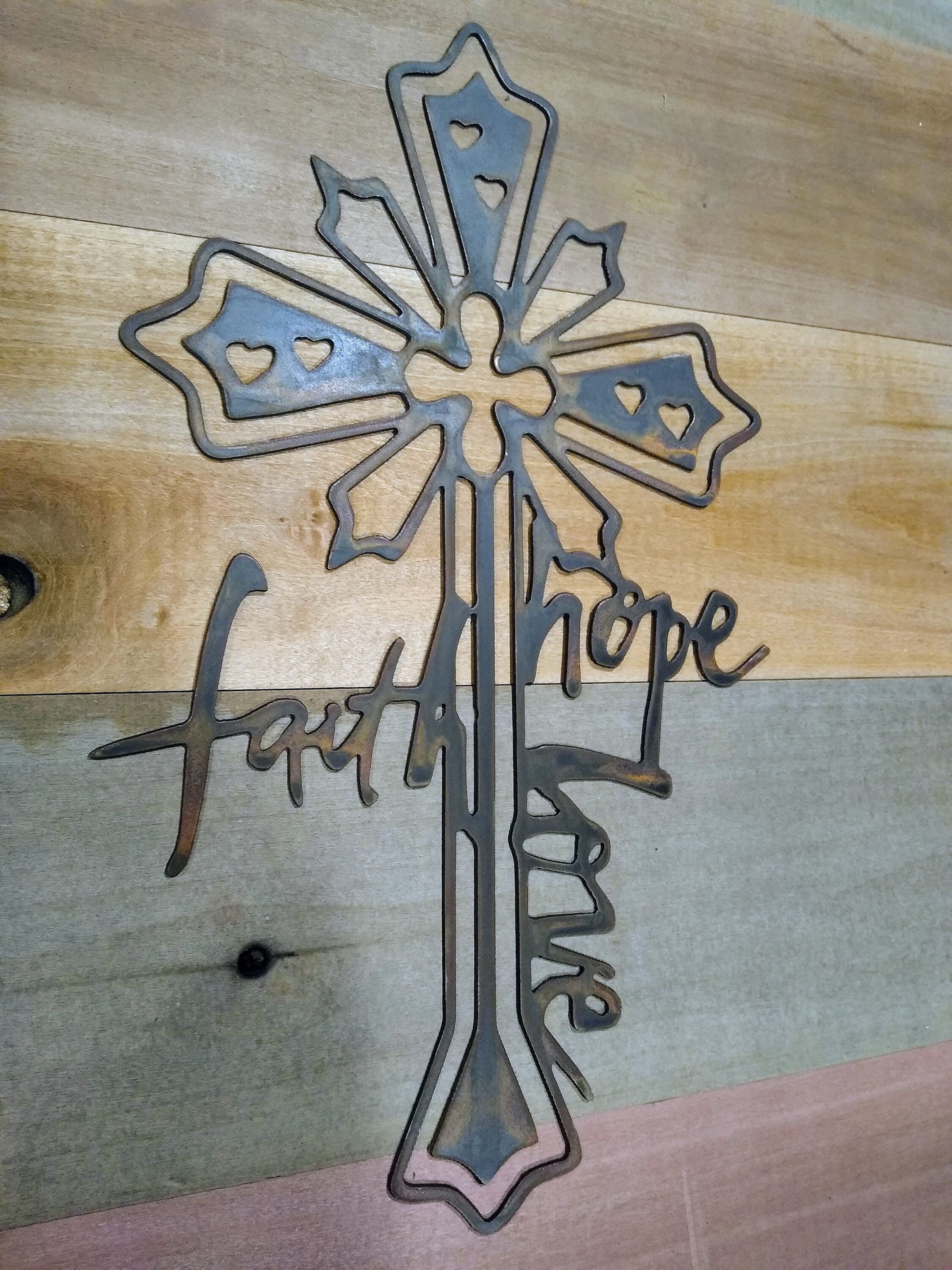 Faith Love Hope Metal Cross | Wall Hanging | Made in USA | Free Shipping - Firebolt Custom