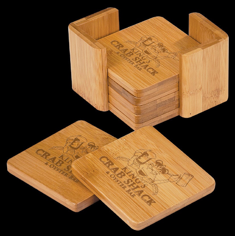 Coaster Set | Bamboo | 6 Piece | with Holder | Custom | Laser Engraved | Personalized | Made in USA | Free Shipping - Firebolt Custom