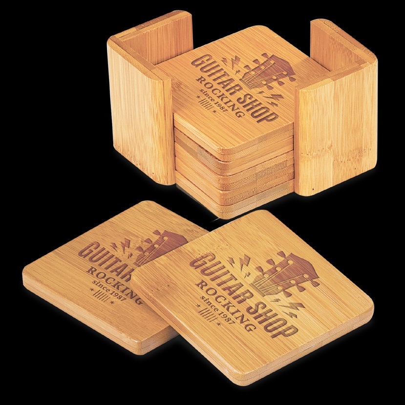 Coaster Set | Bamboo | 6 Piece | with Holder | Custom | Laser Engraved | Personalized | Made in USA | Free Shipping - Firebolt Custom